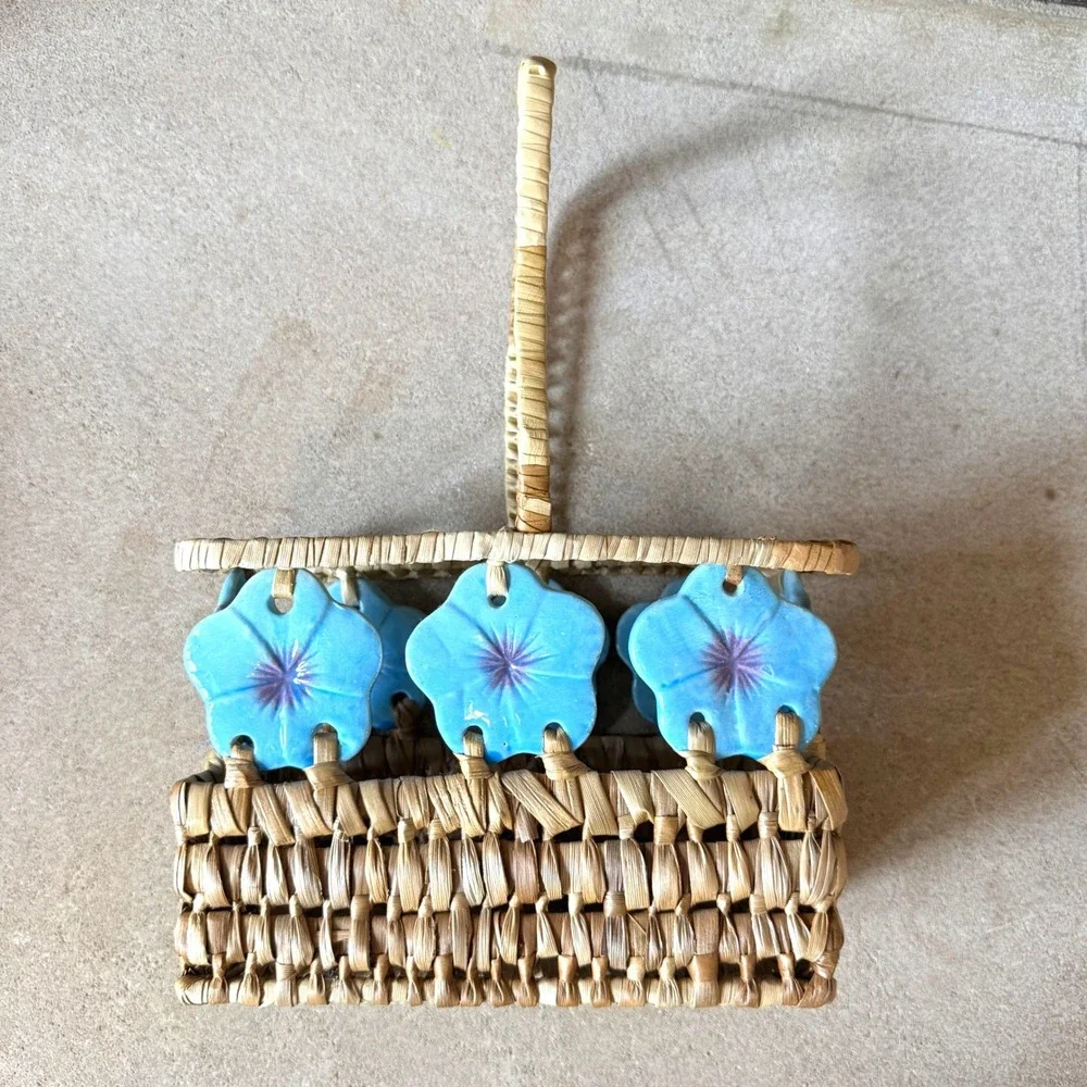 Vintage Woven Straw Basket Ceramic Blue Morning Glory Flowers Bohemain Caddy